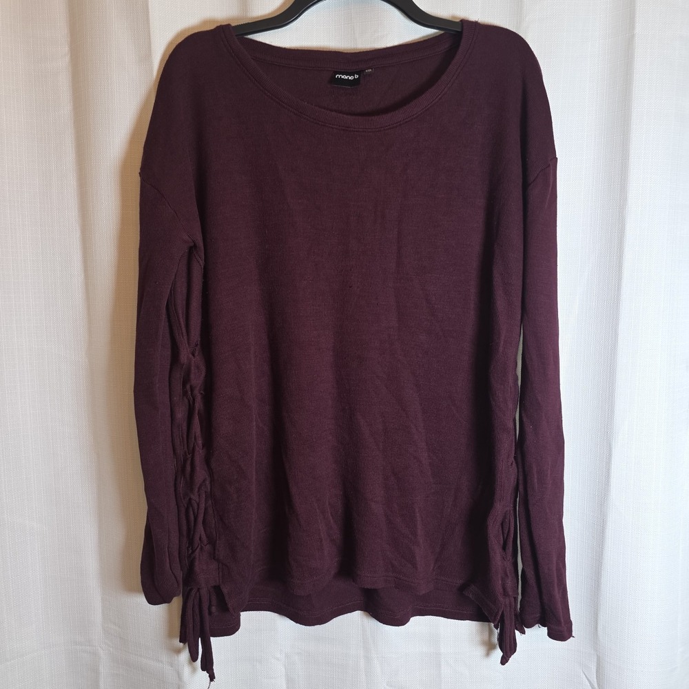 Mono B Burgundy Ruched Side Tie Long Sleeve Top One Size Soft Modal Knit